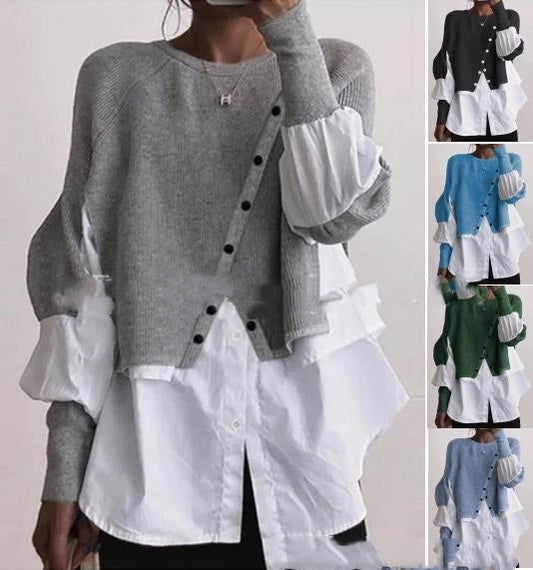 Crew Neck Long Sleeve Knitted Multi-color Patchwork White Shirt Women's - globaltradeleader