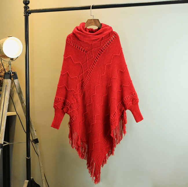 Autumn And Winter New Tassel Knitwear Shawl High Collar Warm Batwing Sleeve Pullover