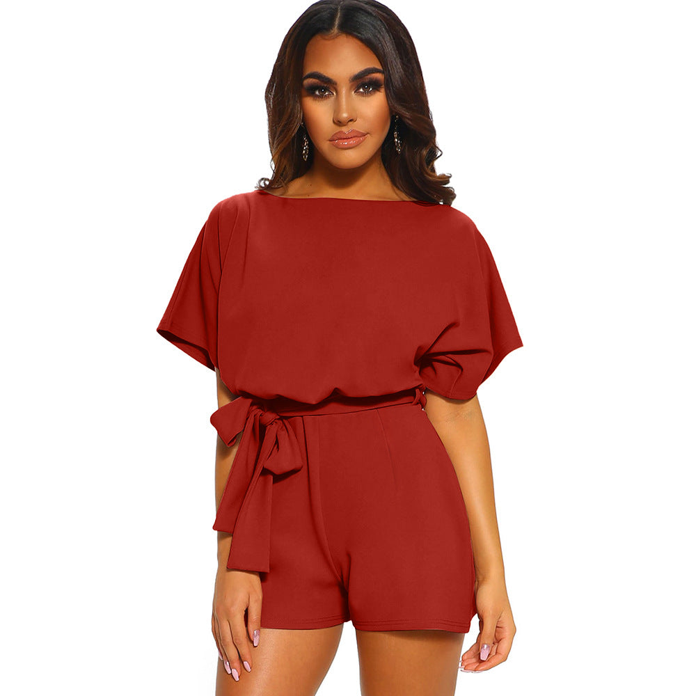 Women's Round Neck Short-sleeved Lace-up Jumpsuit - globaltradeleader