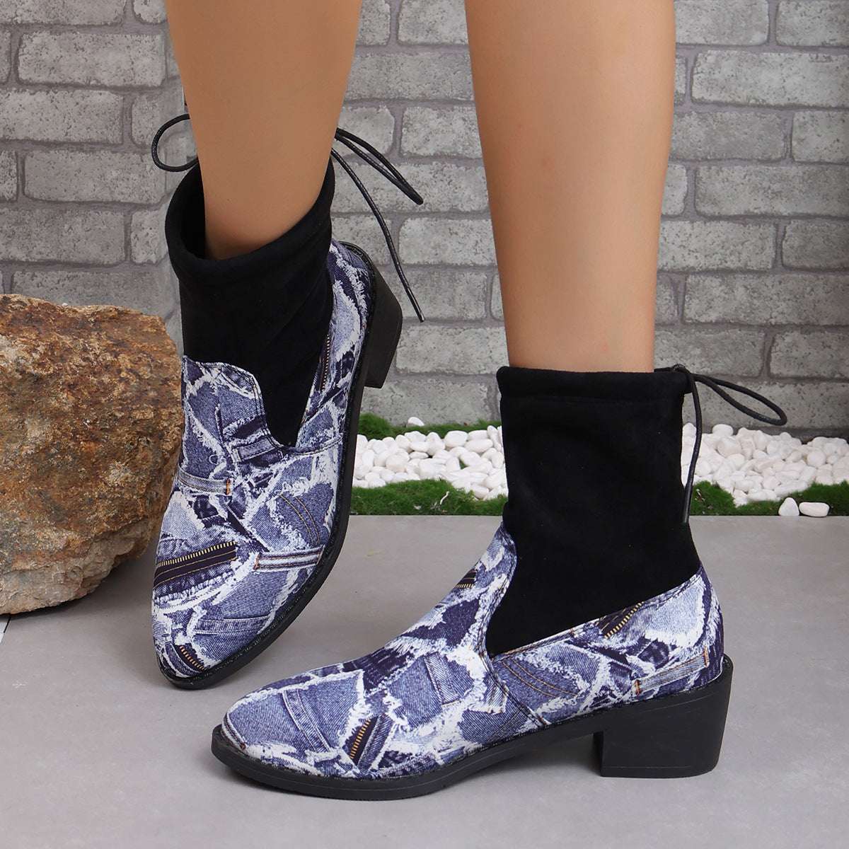 Serpentine Print Sock Boots Women Fashion Square Chunky Heels Cowboy Boots Autumn And Winter Back Lace-up Round Toe Shoes - globaltradeleader
