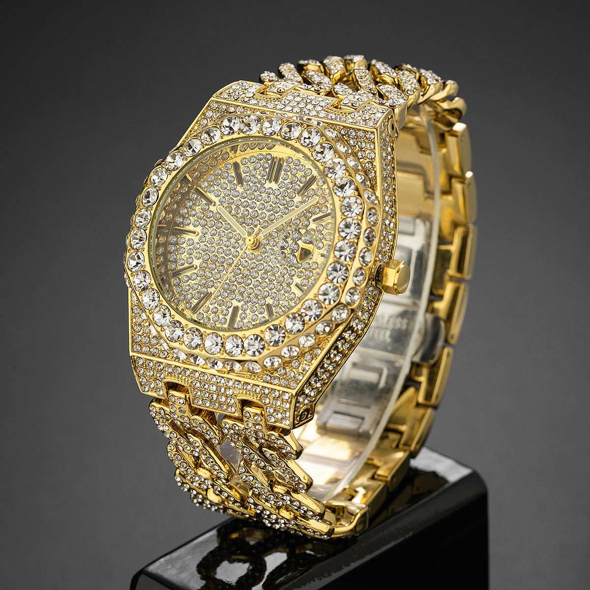 Men's Hip Hop Iced Diamond Fashion Cuban Link Chain Quartz Clock - globaltradeleader