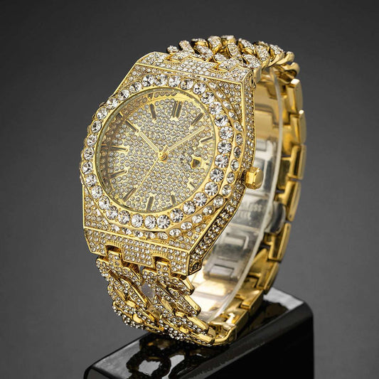 Men's Hip Hop Iced Diamond Fashion Cuban Link Chain Quartz Clock - globaltradeleader