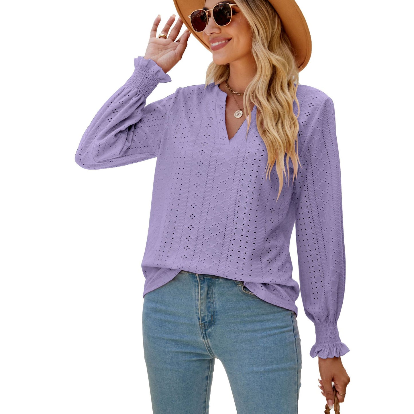 Solid Color Hollow-out Pleated Ruffle Shirts Sleeve V-neck Loose Long Sleeve Tops Women - globaltradeleader