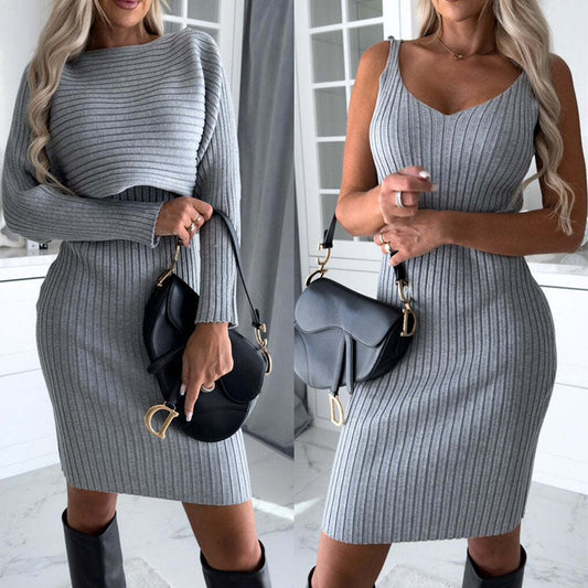 2pcs Suit Women's Solid Stripe Long-sleeved Top And Tight Suspender Skirt Fashion Autumn Winter Slim Clothing - globaltradeleader