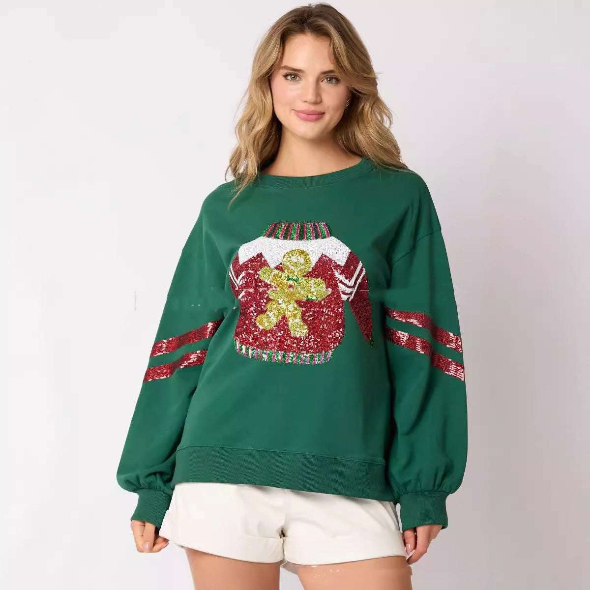 Women's Christmas Sequined Round Neck Top Casual Sweatshirt - globaltradeleader