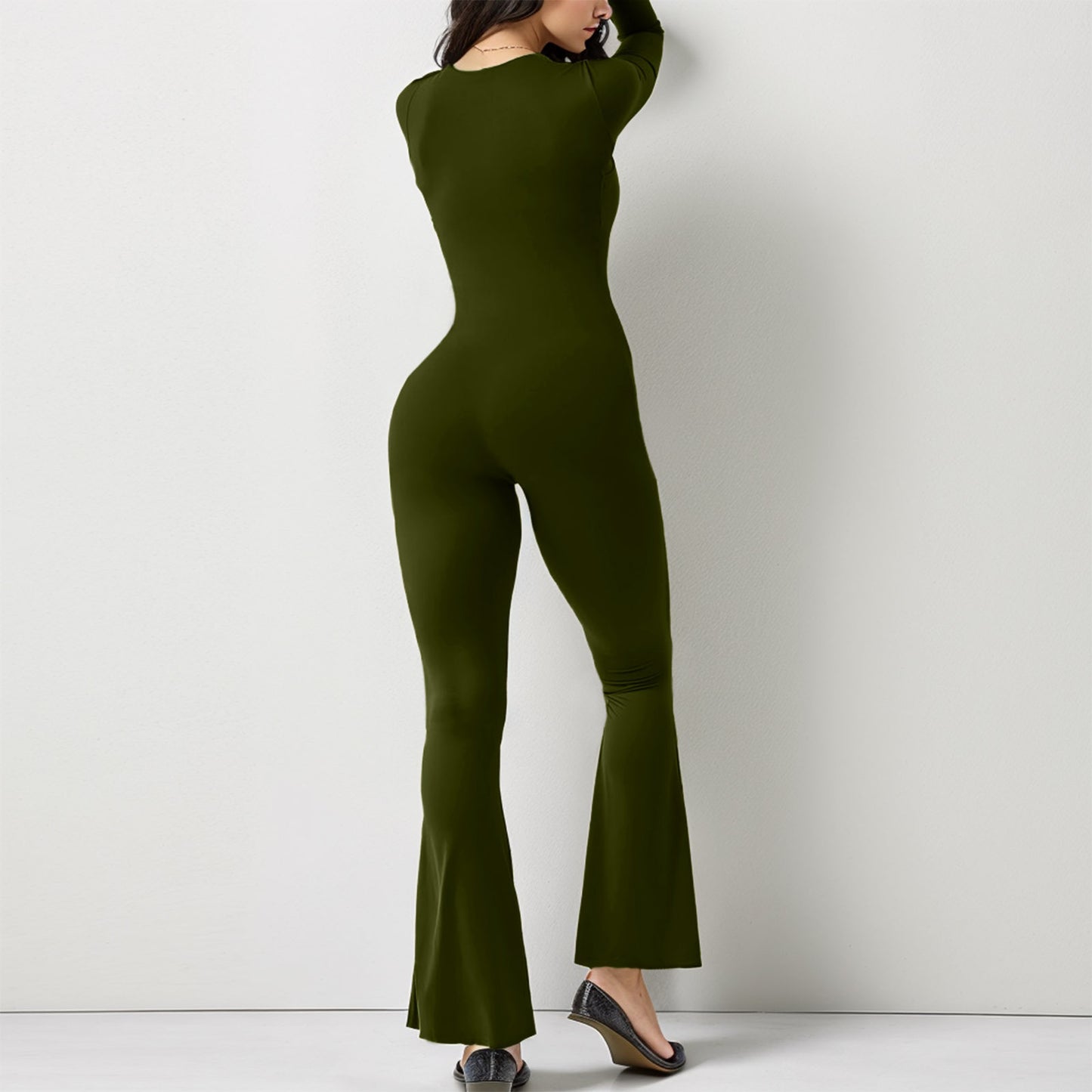 Women Long Sleeve Belly Waist Shaping And Hip Lift Square Collar Wide Leg High Elastic Jumpsuit - globaltradeleader