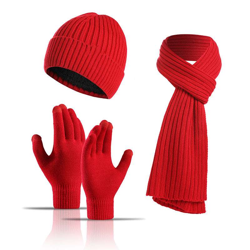 Winter Solid Color Scarf Hat Gloves Knitted Three-piece Suit - globaltradeleader