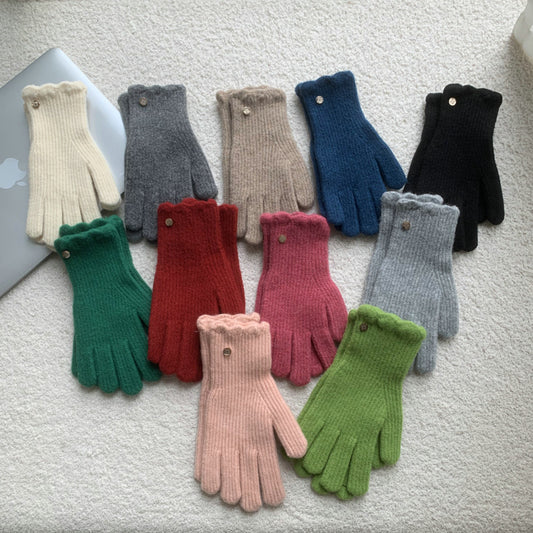 Winter Solid Color Woolen Ruffled Warm Gloves For Women - globaltradeleader