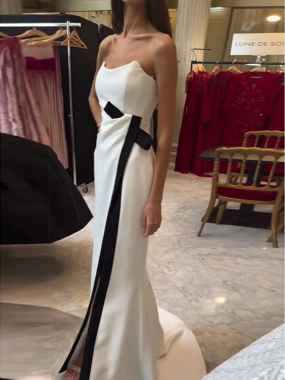 Strapless Black And White Contrasting Slit Dress - globaltradeleader