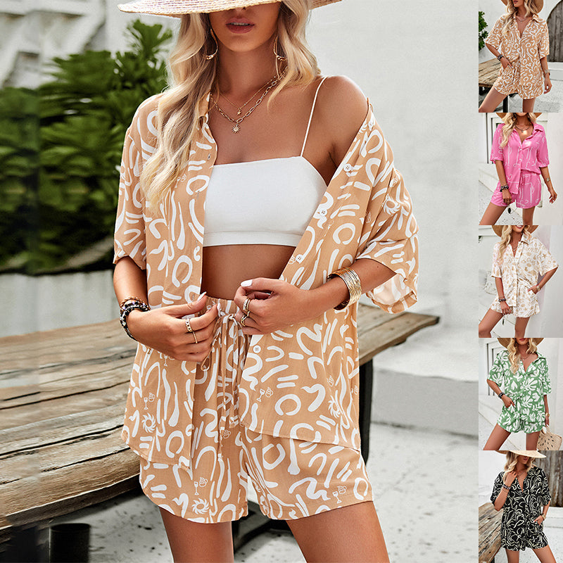 2Pcs Casual Printed Suits Short-sleeved Shirt And Drawstring Shorts Summer Fashion Womens Clothing - globaltradeleader