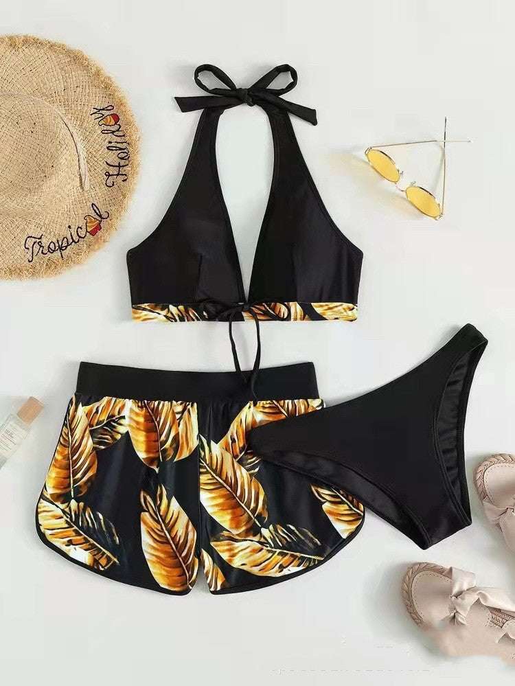 3pcs Leaf Print Bikini With Shorts Fashion Summer Beach Swimsuit Womens Clothing - globaltradeleader