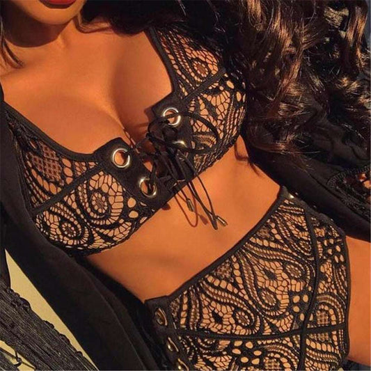 Fast Selling Lace Cord Solid Color Multicolor High Waist Sexy European Style Split Bikini Swimsuit Woman - globaltradeleader