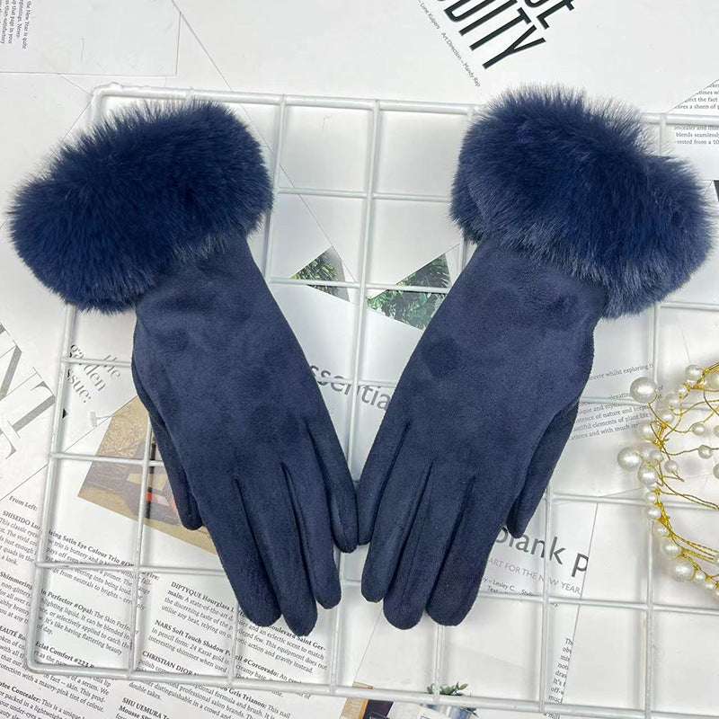 Warm Women's Fur Mouth Winter Riding Fleece-lined Finger Gloves Battery Car Thickened - globaltradeleader