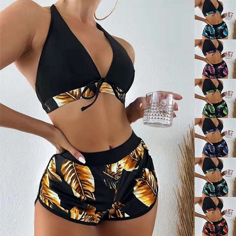 3pcs Leaf Print Bikini With Shorts Fashion Summer Beach Swimsuit Womens Clothing - globaltradeleader
