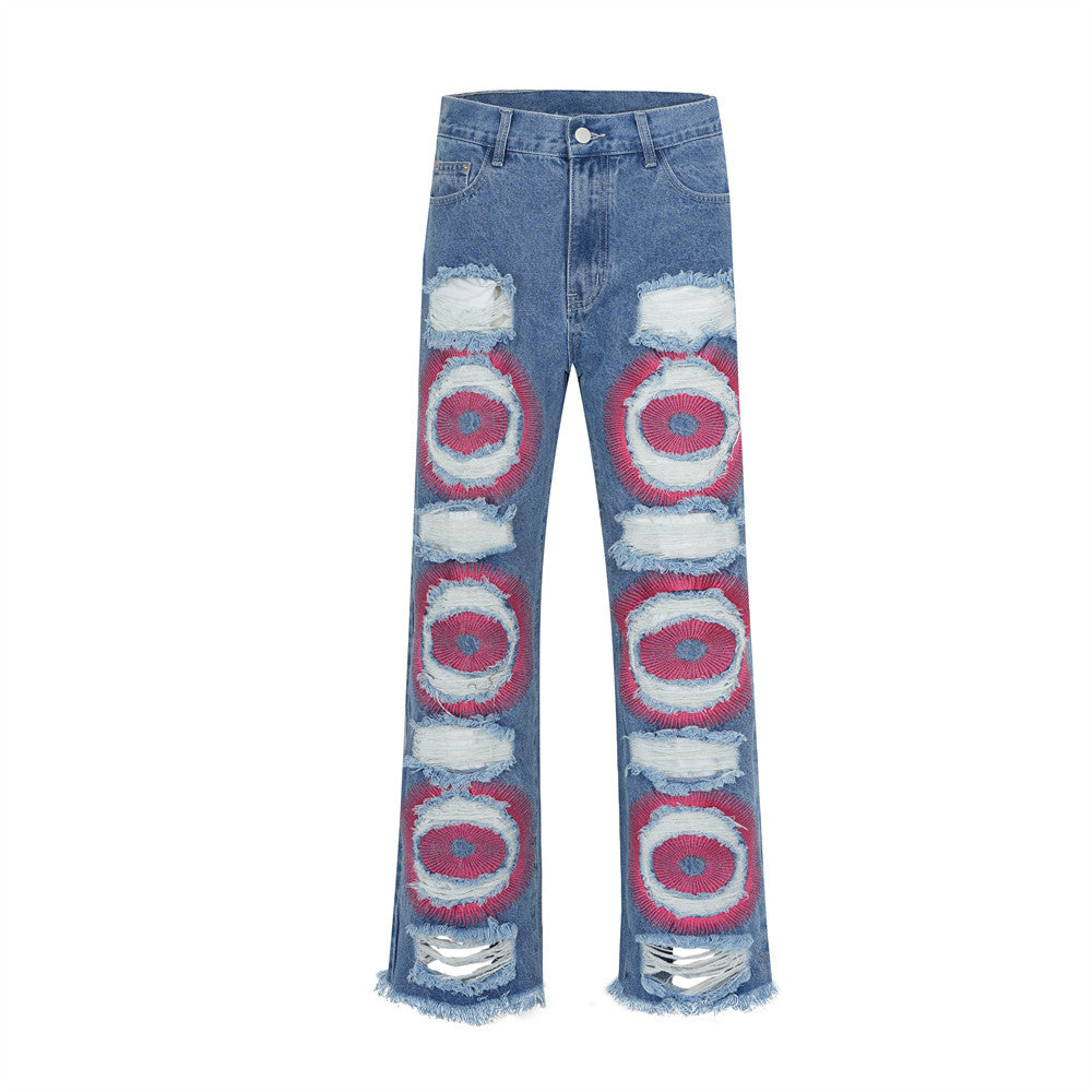 Men's Ripped Embroidered Denim Straight Leg Trousers