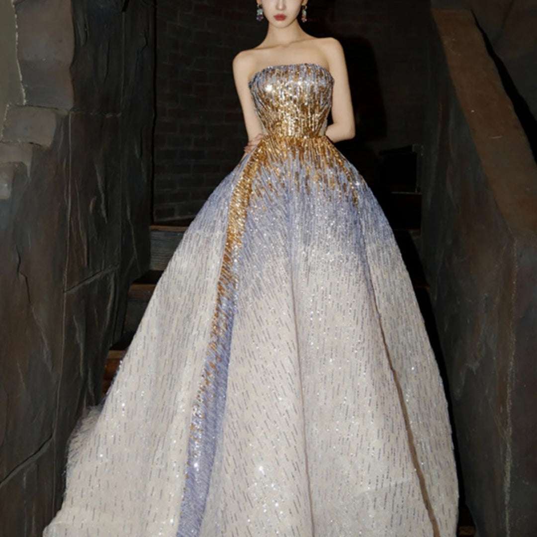 Purple Tube Top Light Miniature High-end Banquet Embossed Toast Dress - globaltradeleader