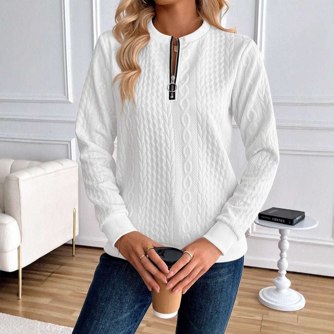 Women's Loose Casual Pullover Half Zipper Long Sleeve Solid Color Texture Round Neck Hoodie For Women - globaltradeleader