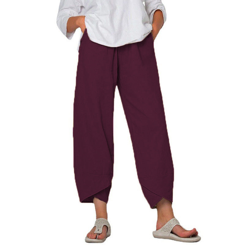 Cotton And Linen Wide Leg Pants Solid Color High Waist Loose Casual Trousers For Women - globaltradeleader