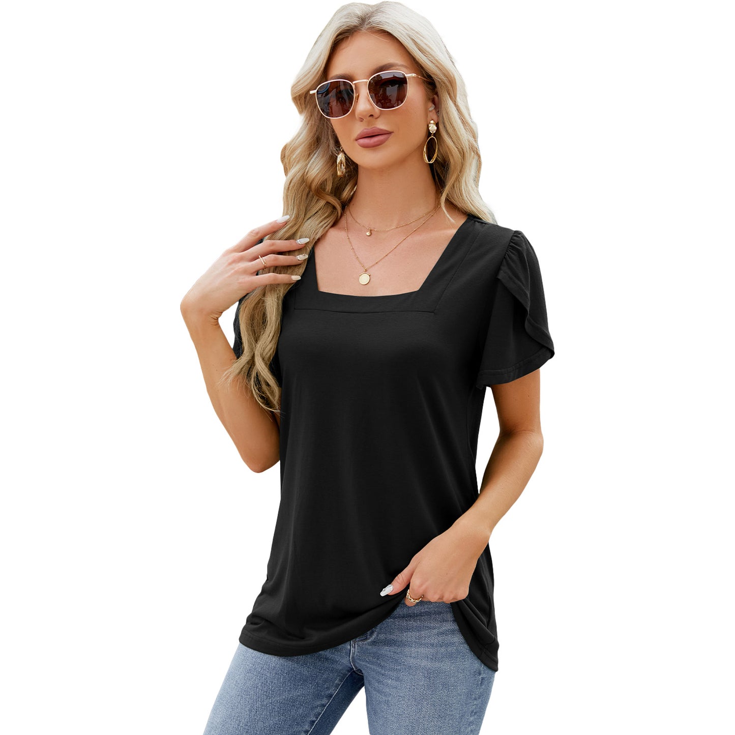 Summer Top Fashion Square Neck Printed Short-sleeved T-shirt With Petal Sleeve Design Bohemian Beach Loose T-shirt For Womens Clothing - globaltradeleader