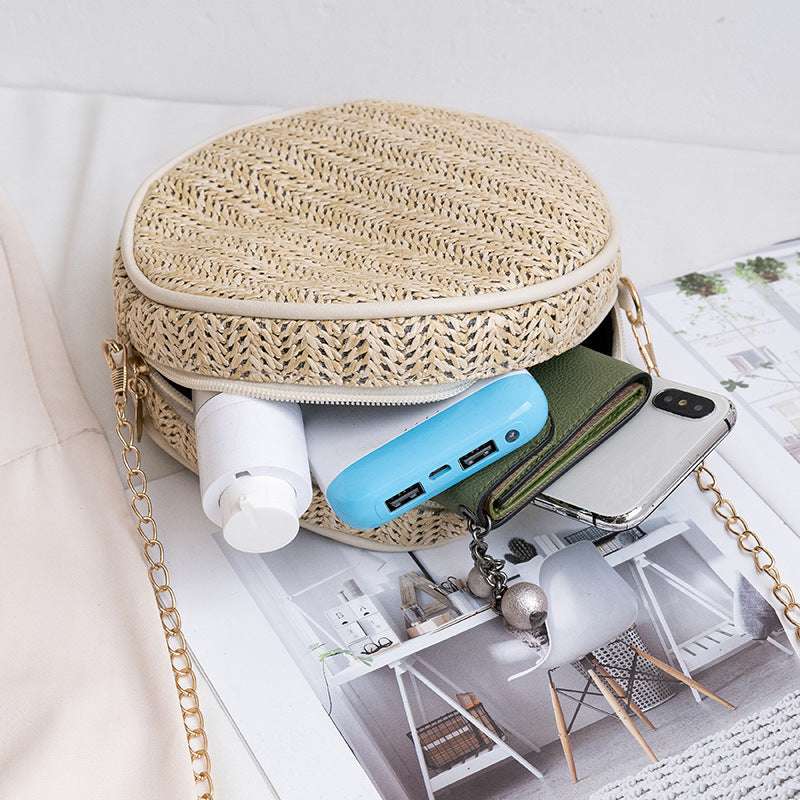 Ladies One Shoulder Straw Small Round Bag