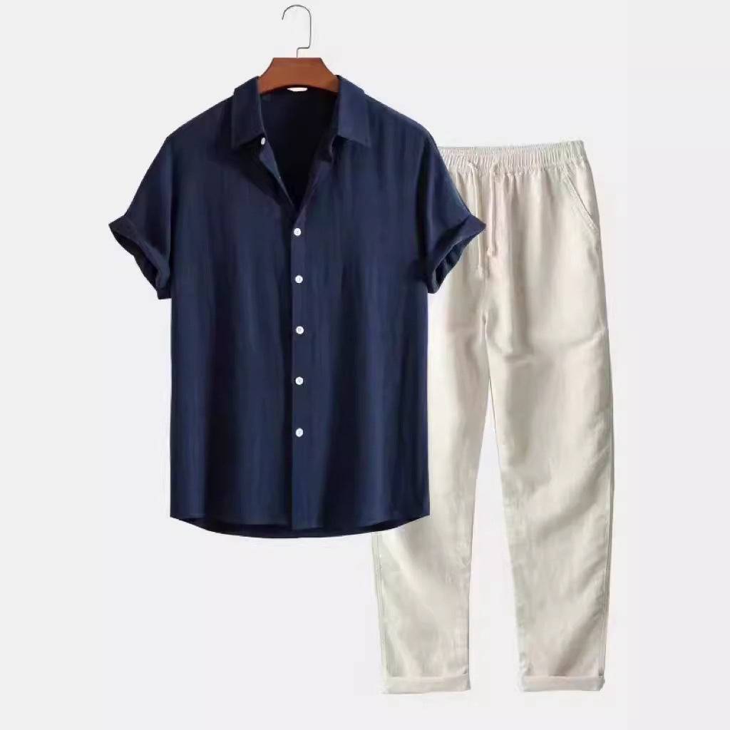 Men's Casual Loose Multi-color Beachwear Cotton And Linen Short Sleeve Suit Two-piece Set - globaltradeleader