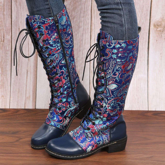 Flowers Print Long Boots WInter Retro Ethnic Style Shoes Lace-up Heeled Boots Women - globaltradeleader