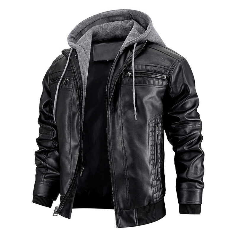 Hooded Jacket With Zipper Pockets Fashion Warm Pu Leather Coat Mens Clothing - globaltradeleader