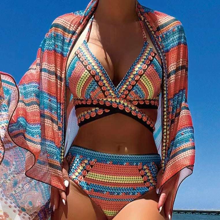 Women's Split Cross Strap Retro Ethnic Style Swimsuit - globaltradeleader