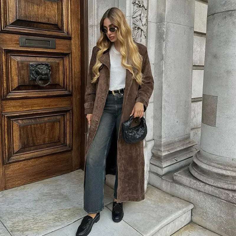 Double Breasted Lapel Shift Coat With Belt Fashion Vintage Suede Long Coat Winter Outwear Women's Clothing - globaltradeleader