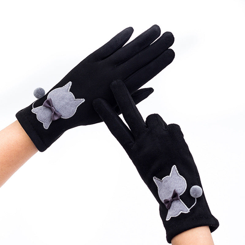 Autumn And Winter Embroidered Cat Touch Screen Gloves Suede Thickened Fleece-lined Riding Warm Gloves - globaltradeleader