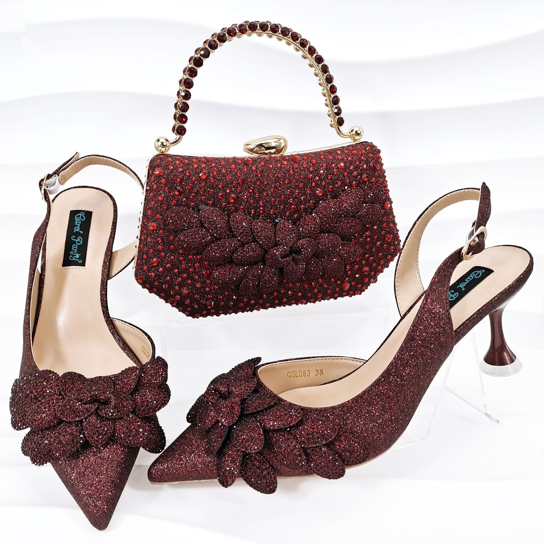 Cross-border Ladies Party Shoes Bag Set Handmade Leaf Decorative Wine Glass Heel - globaltradeleader