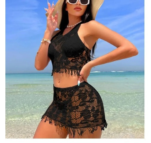 Women's Spring And Summer Beach Cover-up Tassel Skirt Lace Bikini Swimsuit Two-piece - globaltradeleader
