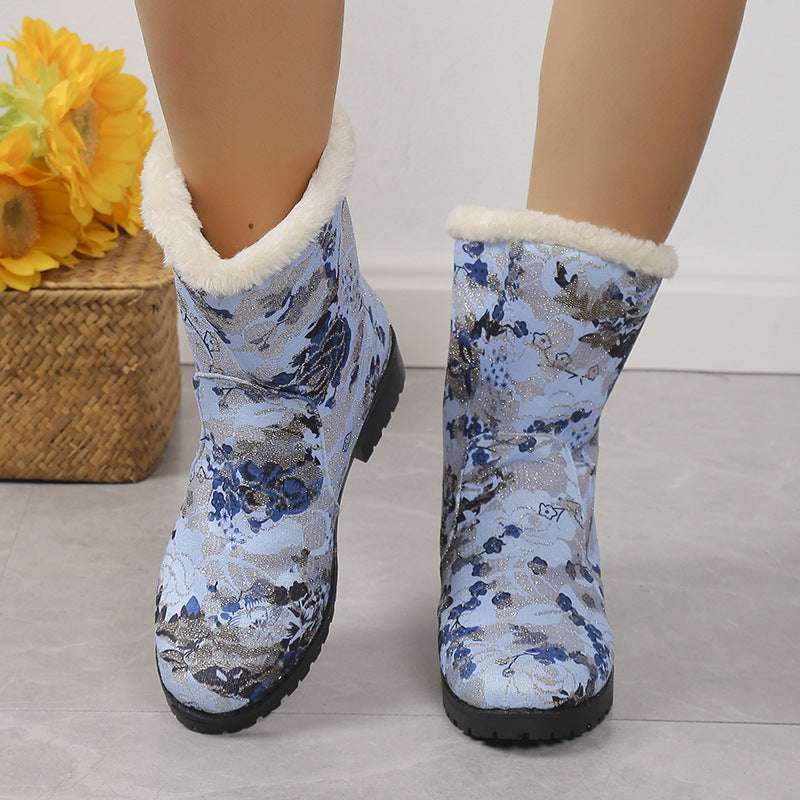 Fashion Flowers Print Ankle Boots With Plush Winter Warm Platform Shoes Women Lightweight Plus Velvet Ankle Boots - globaltradeleader