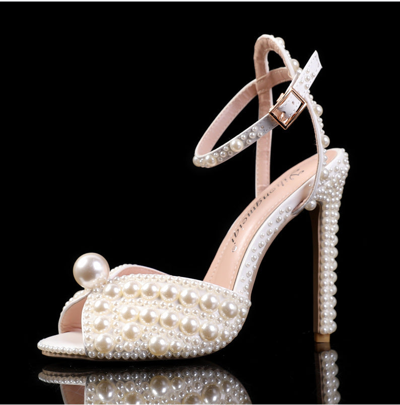 Peep-toe Shallow Mouth Rhinestone Pearl Woman High-heeled Shoes - globaltradeleader