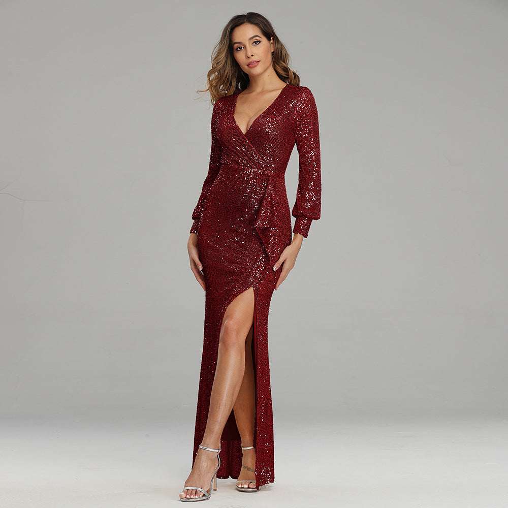 Fantasy Celebrity Sexy High Slit Long Sleeve Sequined Banquet Evening Dress Women - globaltradeleader