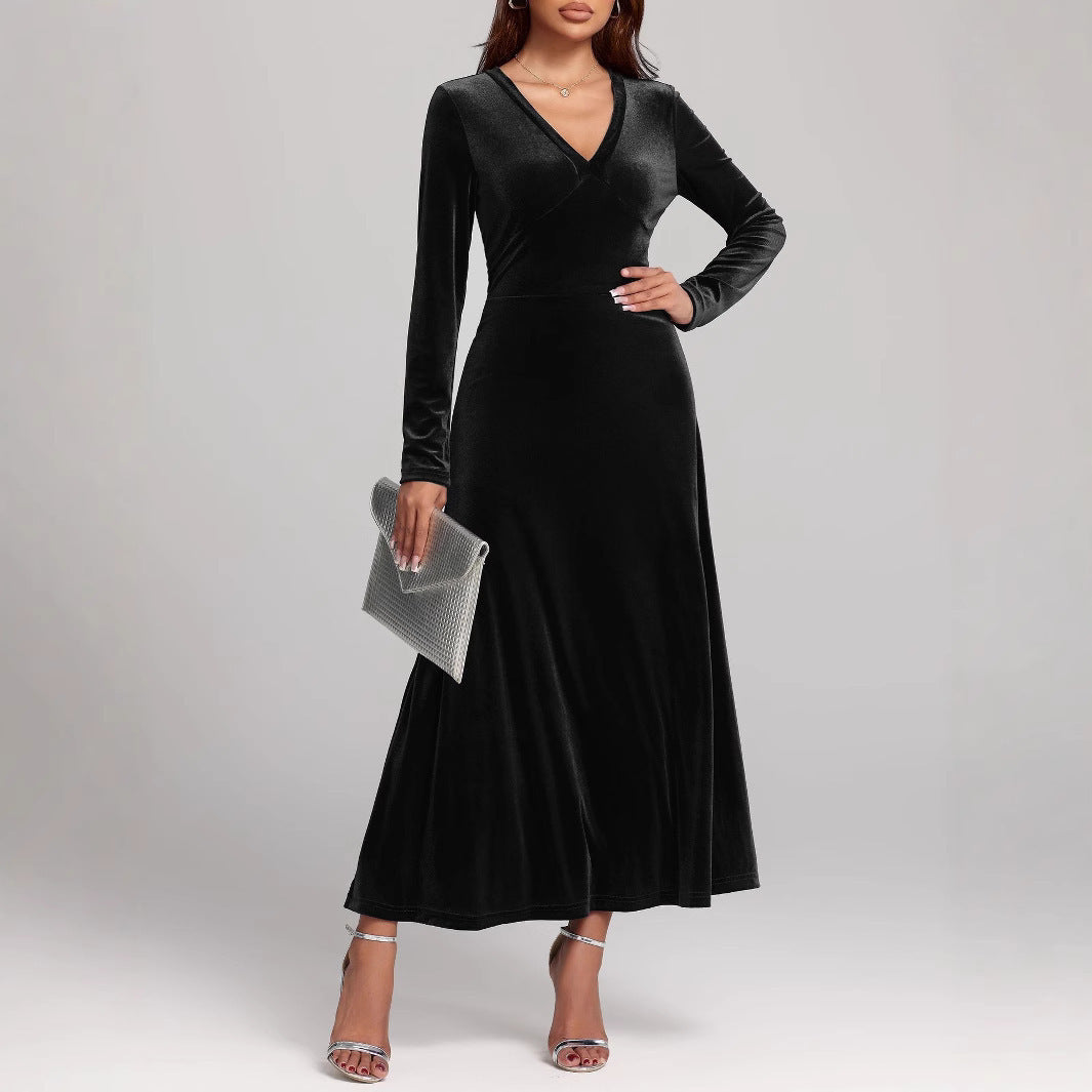 V-neck Long Sleeve Evening Dress Pleuche Dress - globaltradeleader