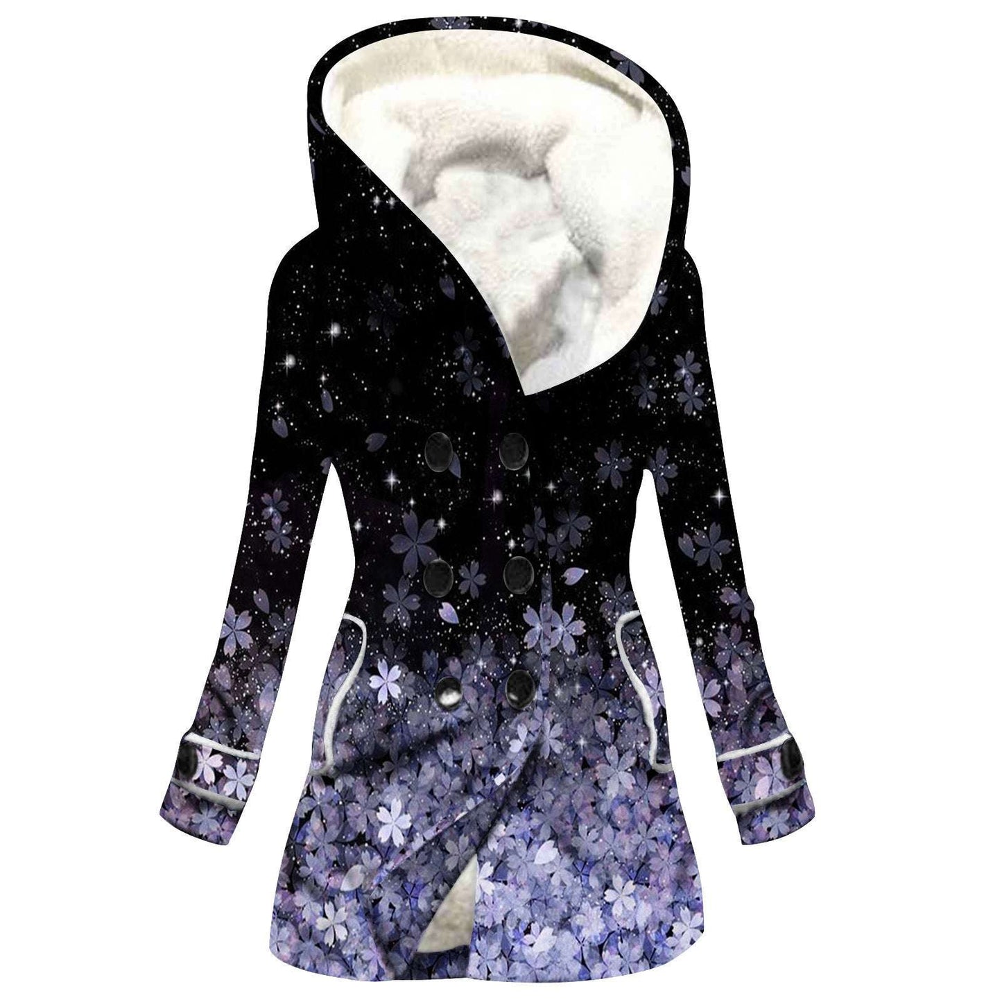 Women's Windbreaker Winter Thickened Imitation Lamb Stitching Floral Hooded - globaltradeleader