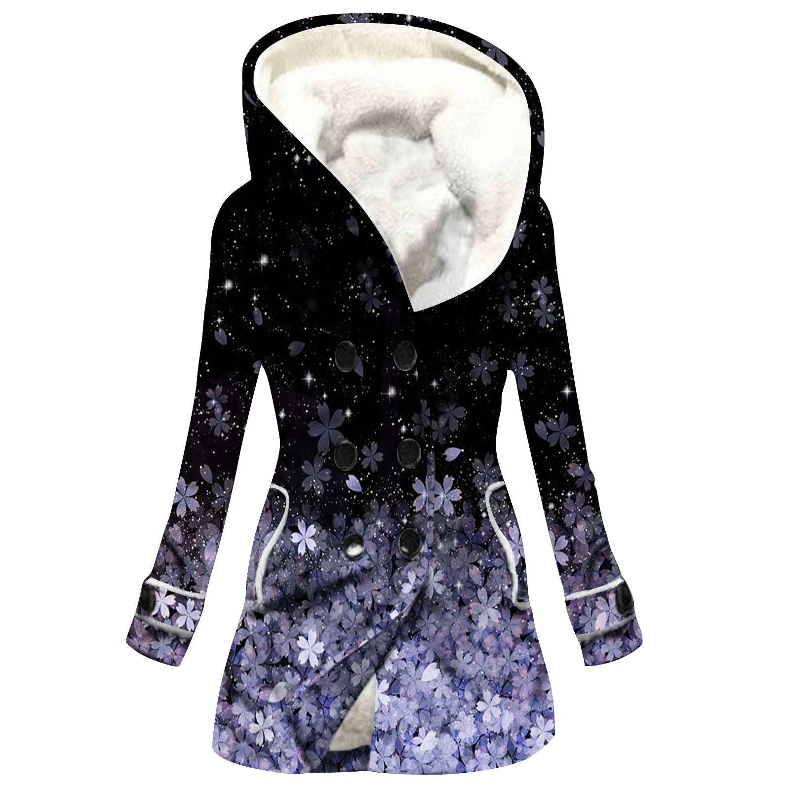 Women's Windbreaker Winter Thickened Imitation Lamb Stitching Floral Hooded - globaltradeleader