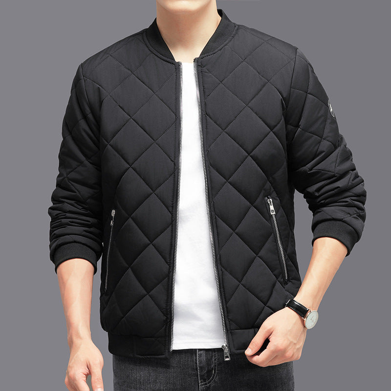 Fashion Rhombic-sewing Design Cotton Coat Winter Warm Thickened Baseball Jacket Casual Solid Color Outwear Clothing For Men - globaltradeleader