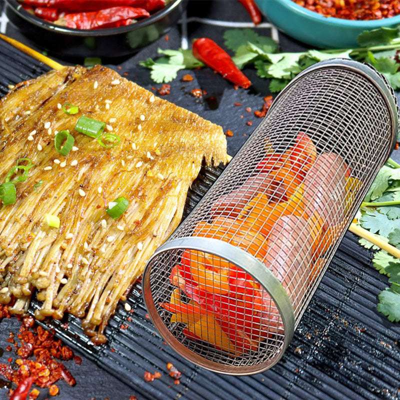 Rolling Grilling Basket Metal BBQ Barbecue Basket Net Portable Outdoor Camping Barbecue Rack Kitchen Gadgets - globaltradeleader