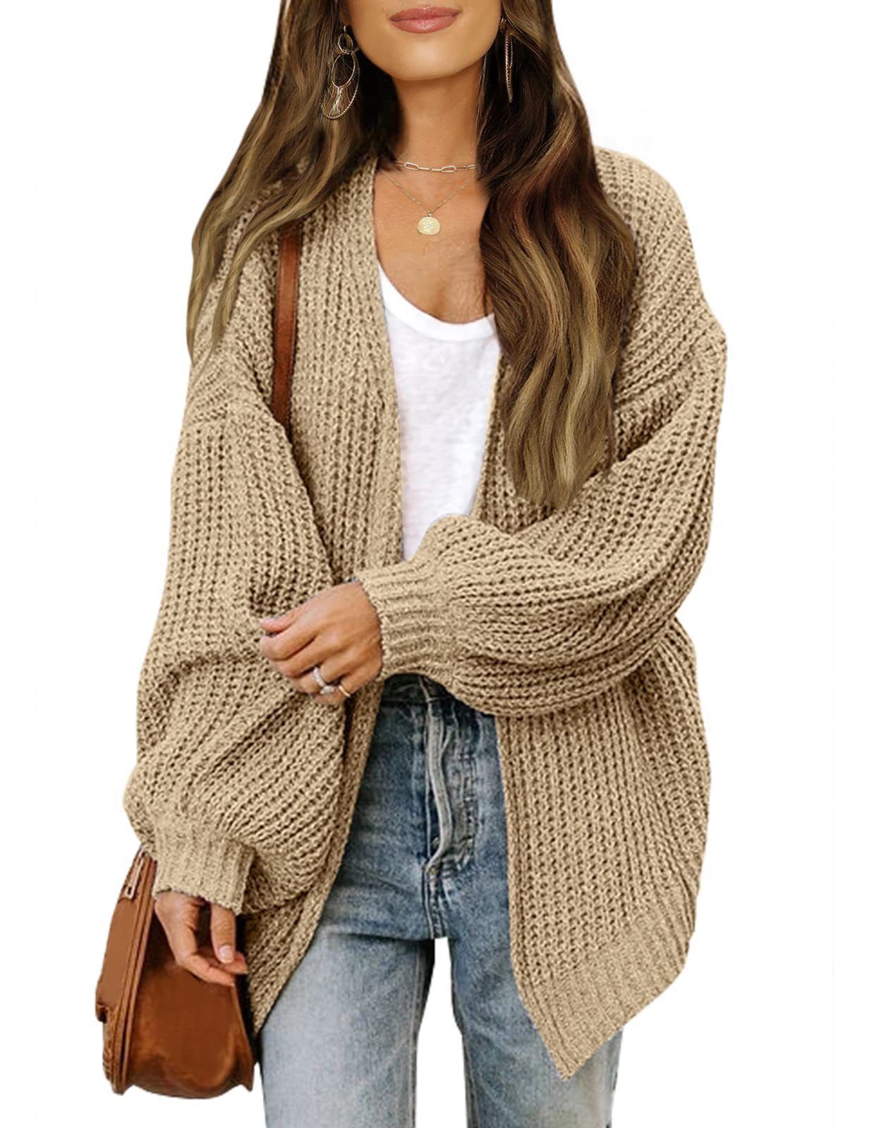 Fashion Lantern-sleeved Sweater With Pockets Casual Loose Solid Knit Cardigan Autumn Tops Womens Clothing - globaltradeleader