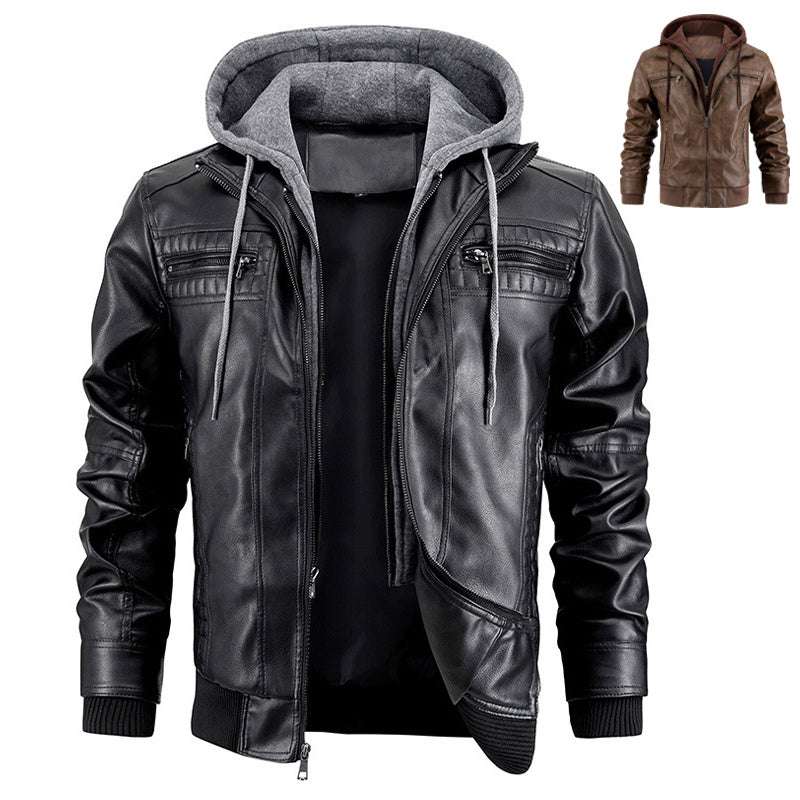Hooded Jacket With Zipper Pockets Fashion Warm Pu Leather Coat Mens Clothing - globaltradeleader