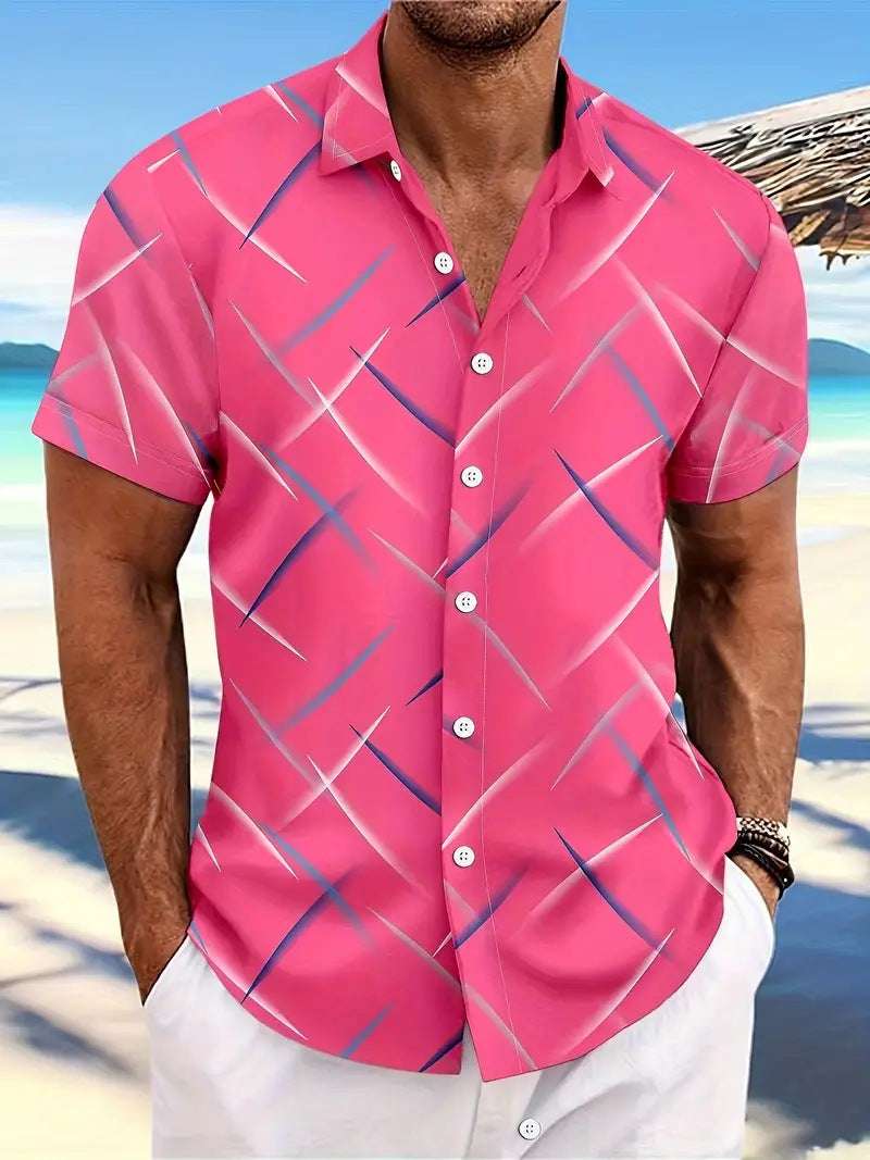 Summer New Men's Striped Feather Casual Beach Short Sleeve Button Shirt - globaltradeleader