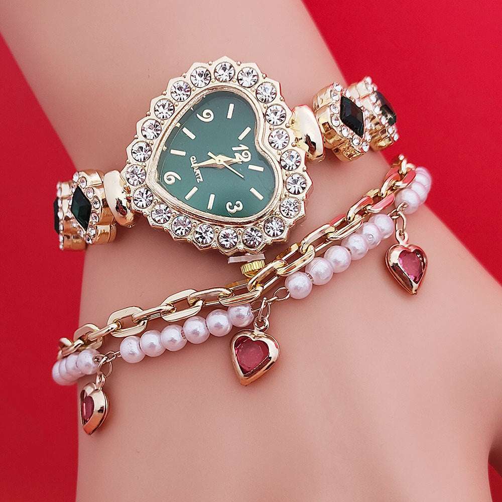 Fashion Love Shape Bracelet Watch Set Diamond Colored Heart Quartz Watch Women's Fashion Jewelry Set Valentine's Day Gift - globaltradeleader