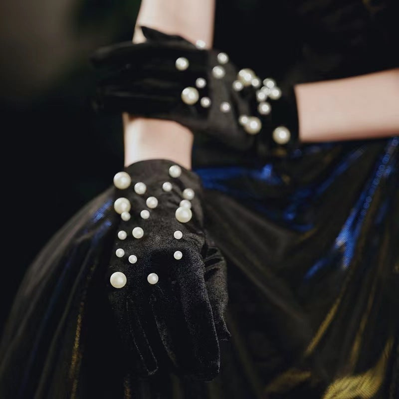 Black Satin Fabric Gloves Long Bag Finger Evening Dress Banquet Photography Jewelry Hepburn Style - globaltradeleader