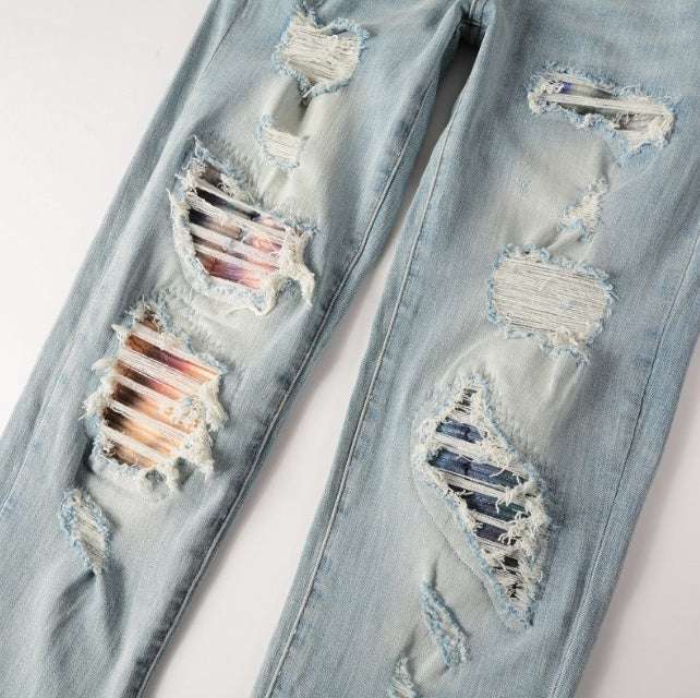 Hole & Patch Jeans Vintage Men's Stretch Slim High Street Denim - globaltradeleader