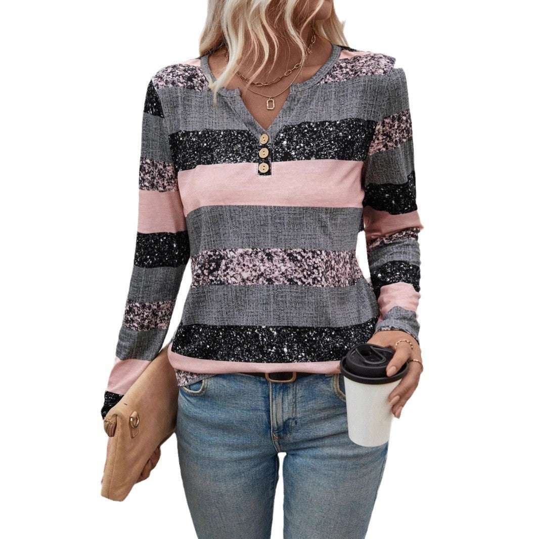 Striped V-neck 3D Printing Fashion Casual Sweater - globaltradeleader