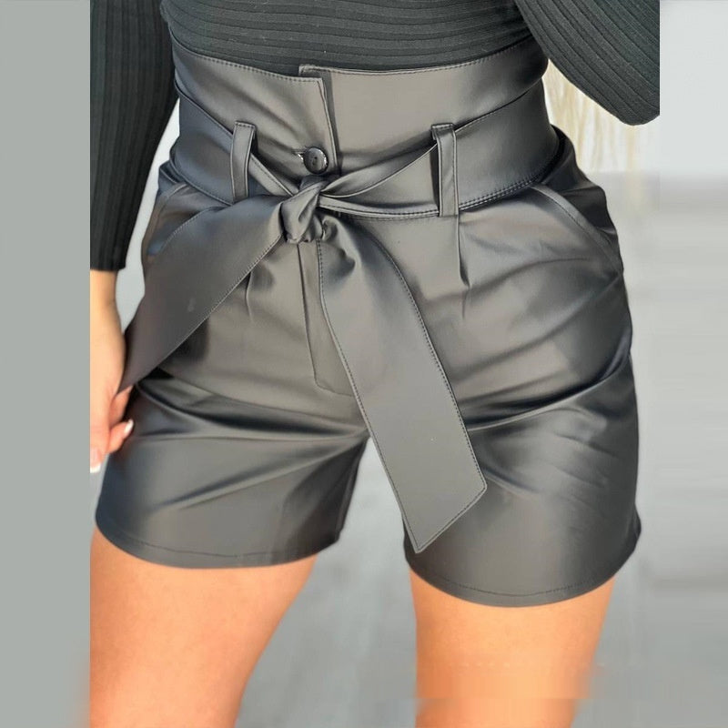 High Waist Black Strap Slim Fit Pu Shorts Belted - globaltradeleader