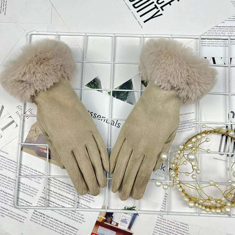 Warm Women's Fur Mouth Winter Riding Fleece-lined Finger Gloves Battery Car Thickened - globaltradeleader