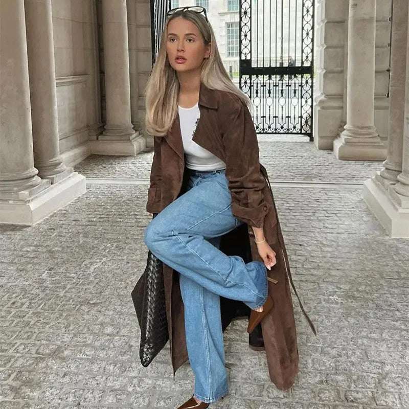 Double Breasted Lapel Shift Coat With Belt Fashion Vintage Suede Long Coat Winter Outwear Women's Clothing - globaltradeleader